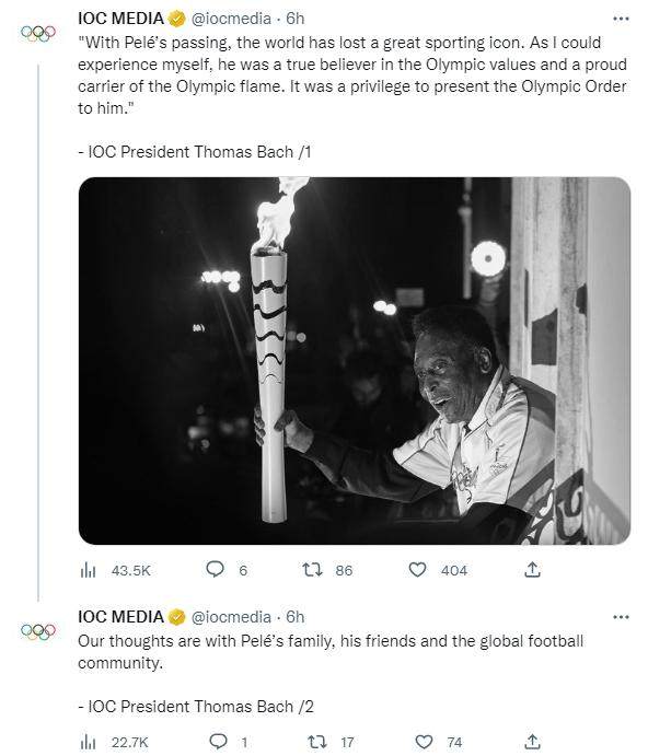 体育注册-体坛众星悼念贝利：“火箭”分享合影 IOC发文志哀